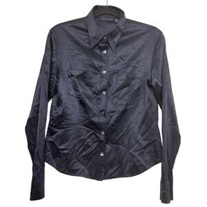 Anne Klein II Black Silk Stretch Button Up Shirt Medium Long Sleeve Blouse
